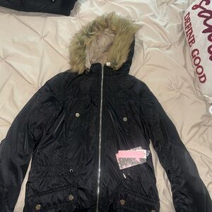 Black Hooded Jacket with Fur Trim